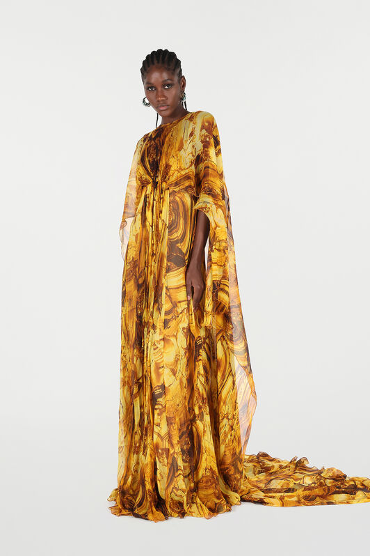 RC Caftan Dress in Silk with Amber Print Yellow VKT140-CKP74
