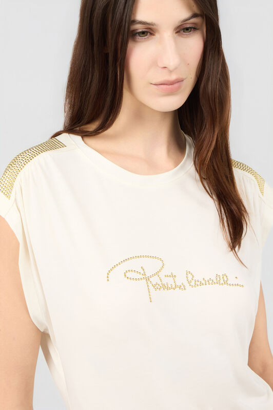 RC Elfenbeinfarbenes T-Shirt mit Logo und goldenen Applikationen IVORY SOT60K-1H003