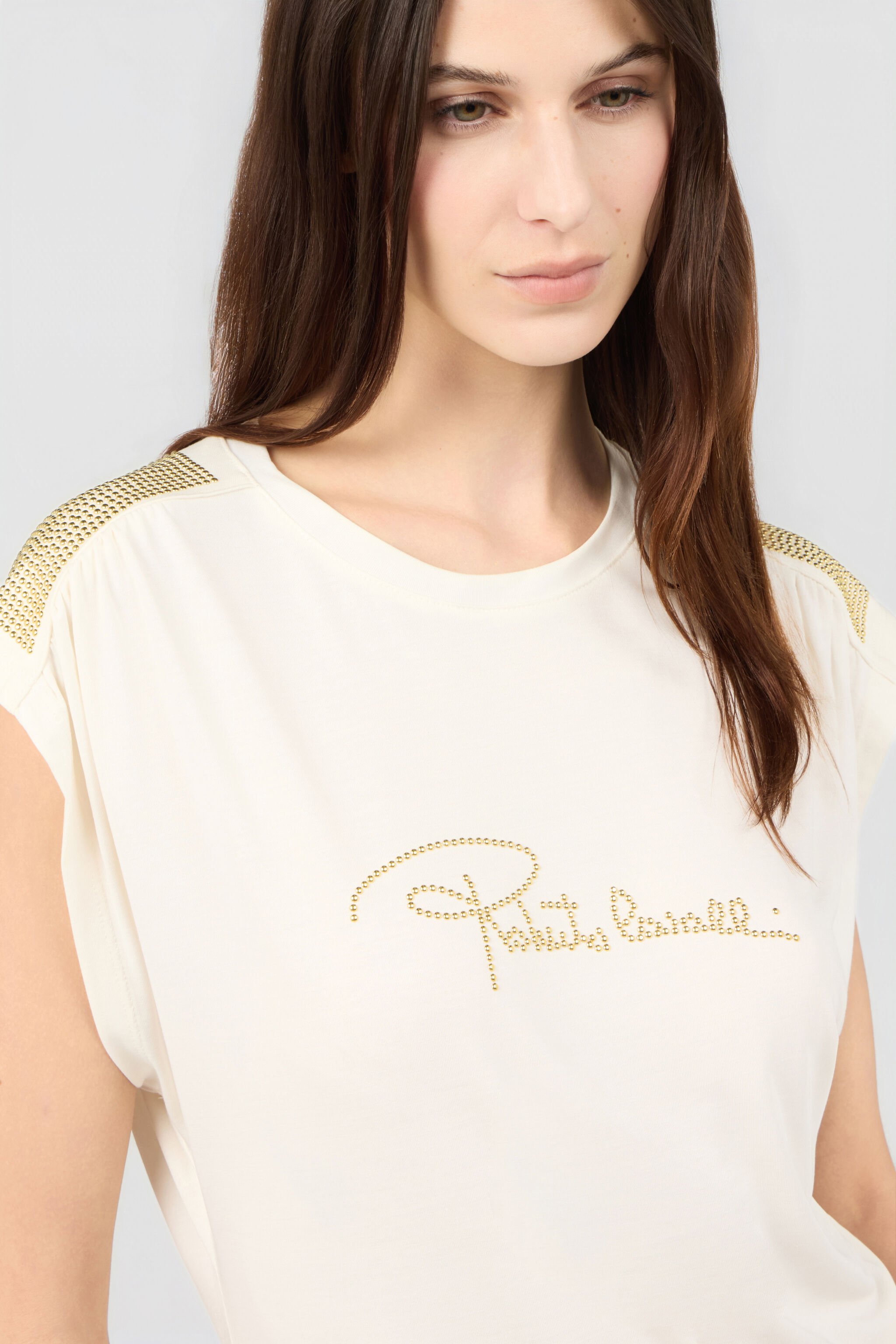 RC Elfenbeinfarbenes T-Shirt mit Logo und goldenen Applikationen IVORY SOT60K-1H003