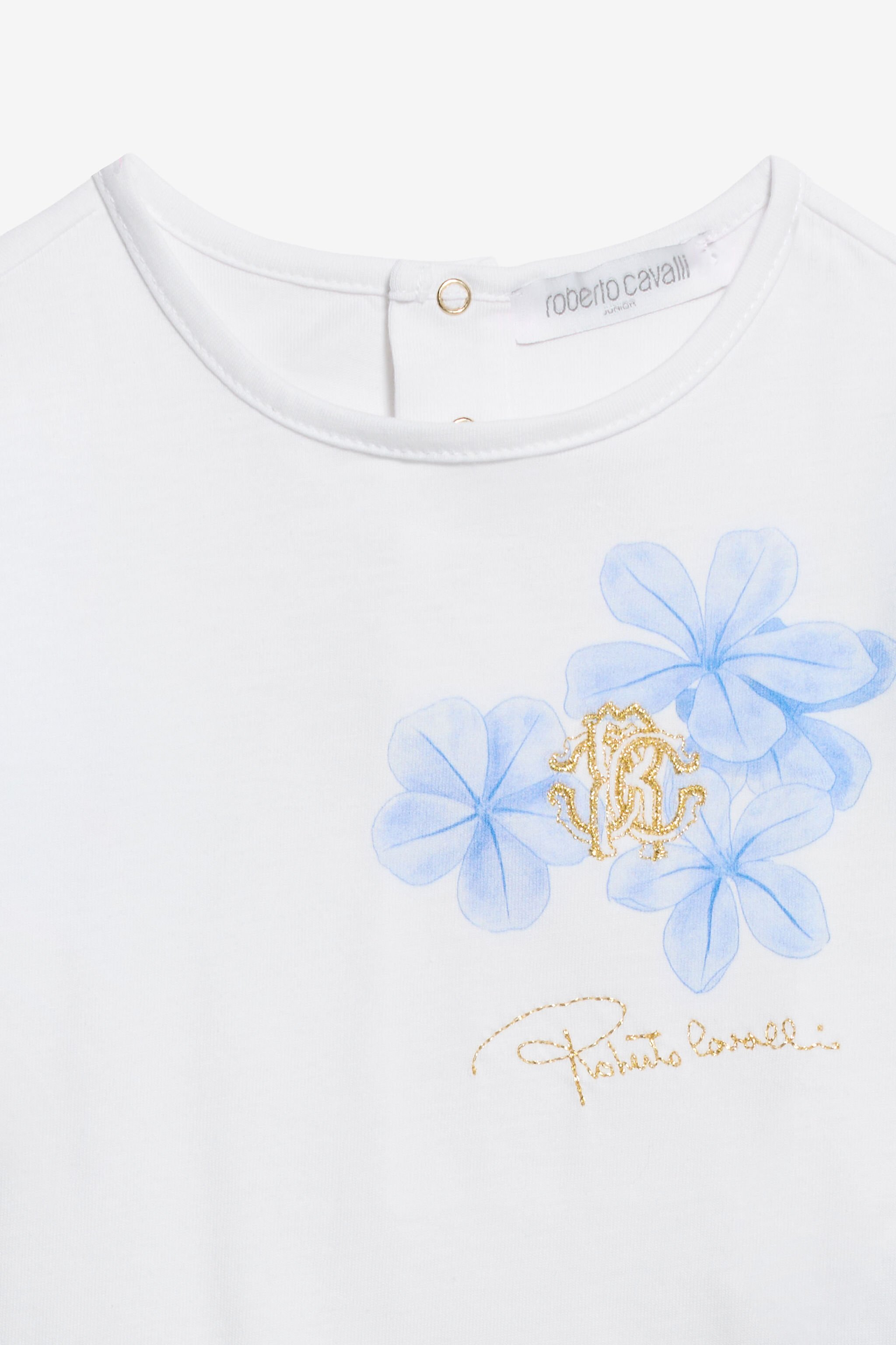 JU Weißes Baumwoll-T-Shirt mit floralen Ärmeln JU Weißes Baumwoll-T-Shirt mit floralen Ärmeln WHITE/BLUE WJT602-JD001