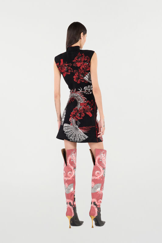 RC Mini Dress with Floral and Dragon Motif Black/Red VQM106-MG011