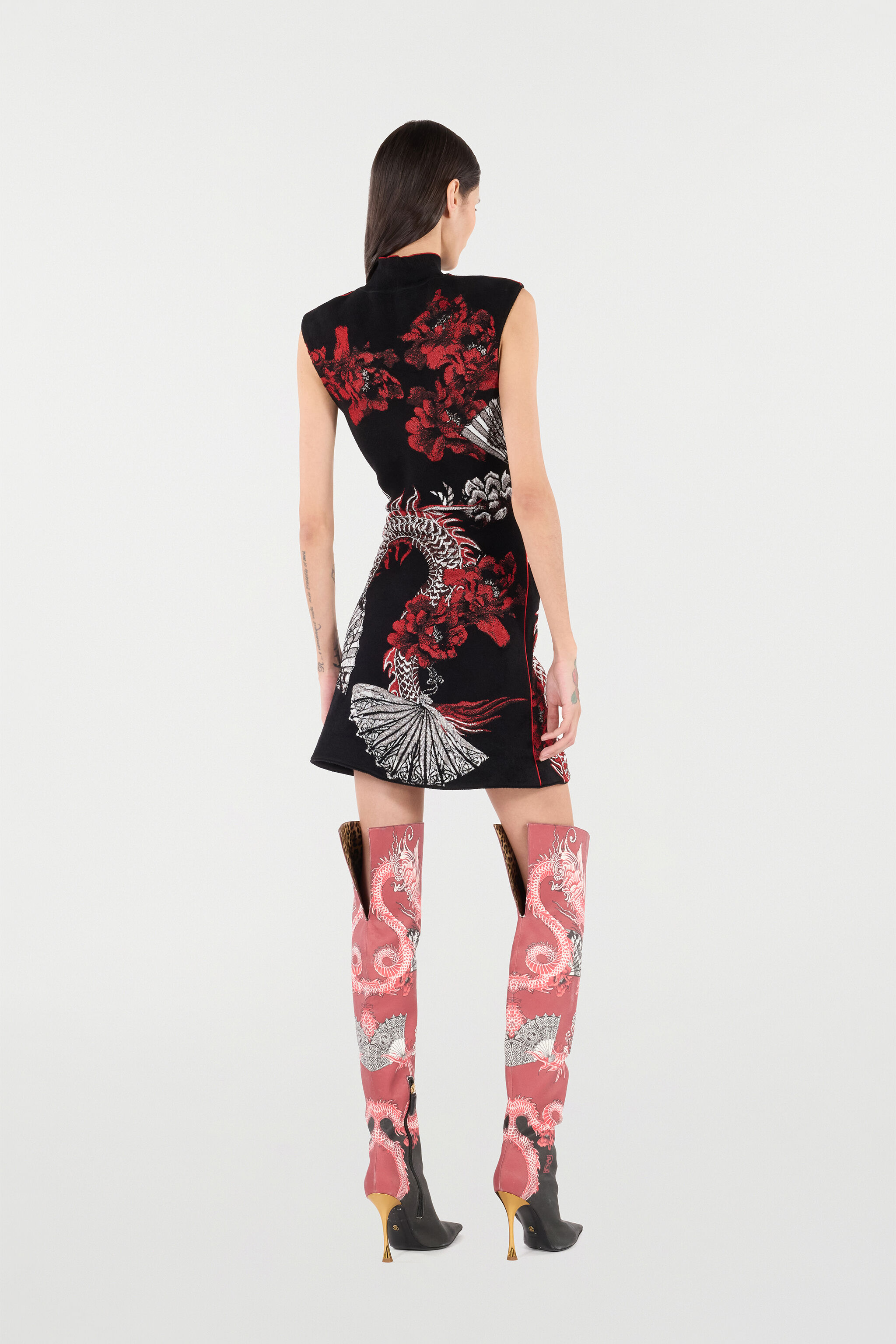 RC Mini Dress with Floral and Dragon Motif Black/Red VQM106-MG011