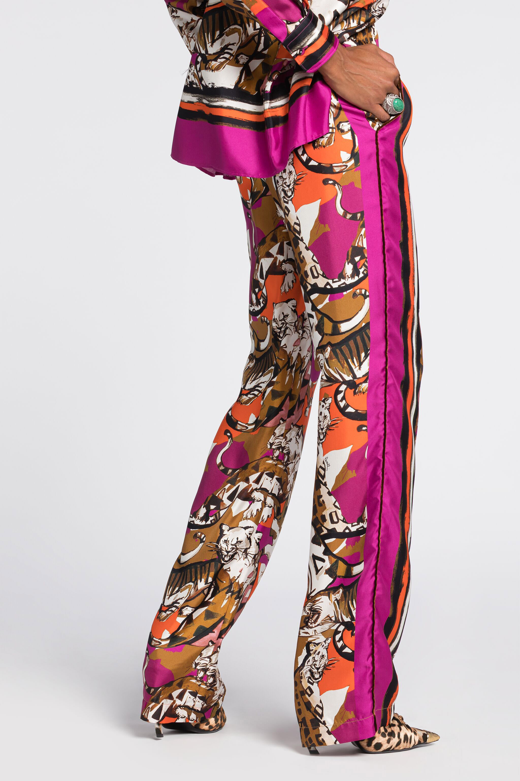 RC Wild Cat-Print Silk Trousers Purple RKT210-4QH06
