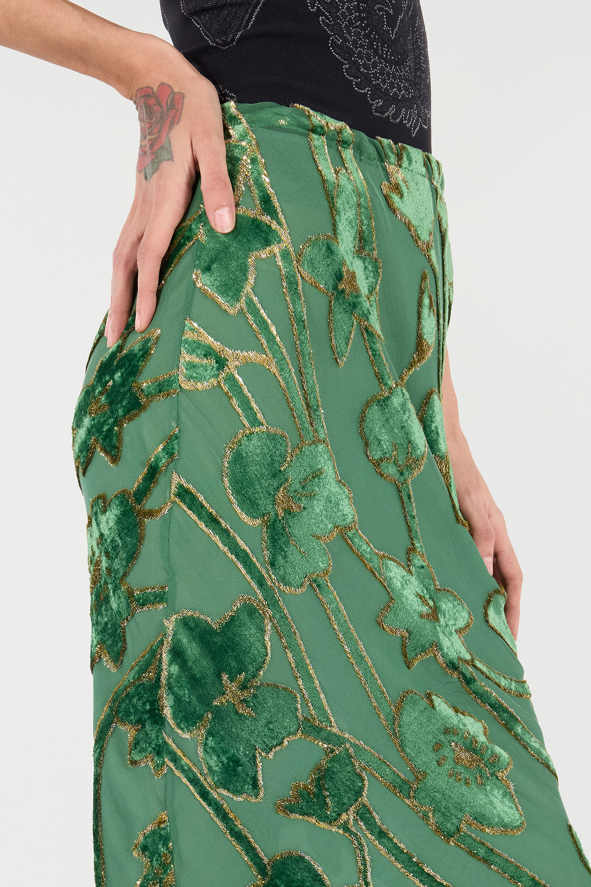 RC Long Skirt in Silk Blend VERDE/ORO VKT303-FC007