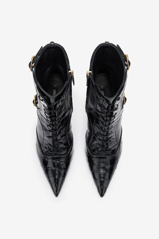 RC Lace-Up Ankle Boots in Crocodile-Effect Black VKS025-PN214