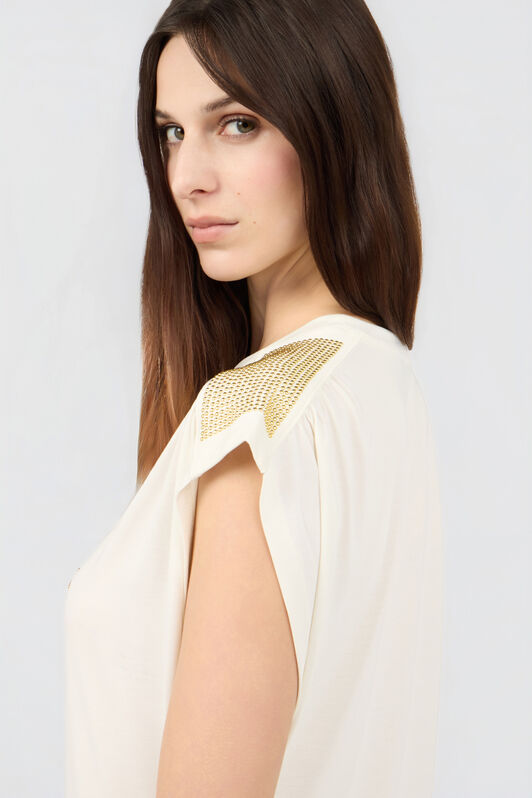 RC Elfenbeinfarbenes T-Shirt mit Logo und goldenen Applikationen IVORY SOT60K-1H003