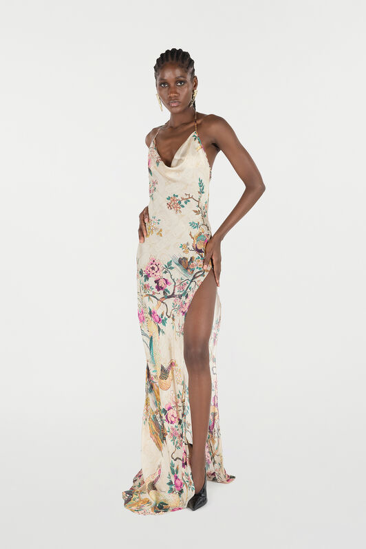 RC Extra Long Dress in Pure Silk with Print Ivory/Pink VKT141-CTP76