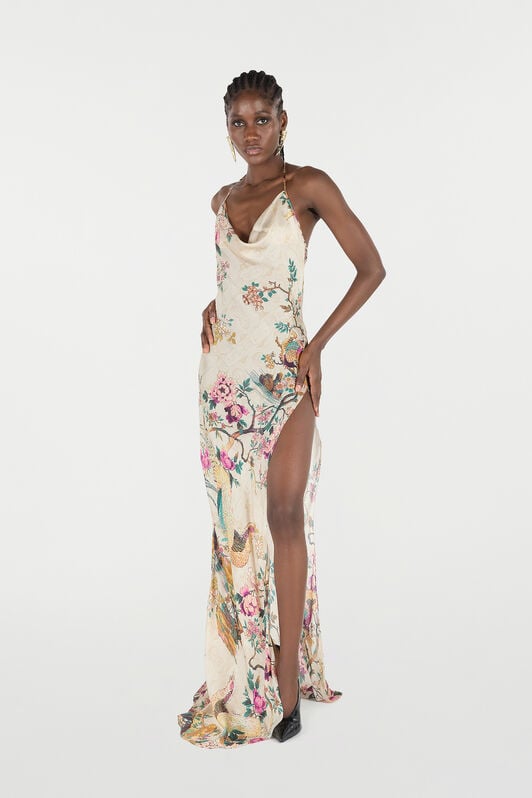 RC Extra Long Dress in Pure Silk with Print RC Extra Long Dress in Pure Silk with Print Ivory/Pink VKT141-CTP76