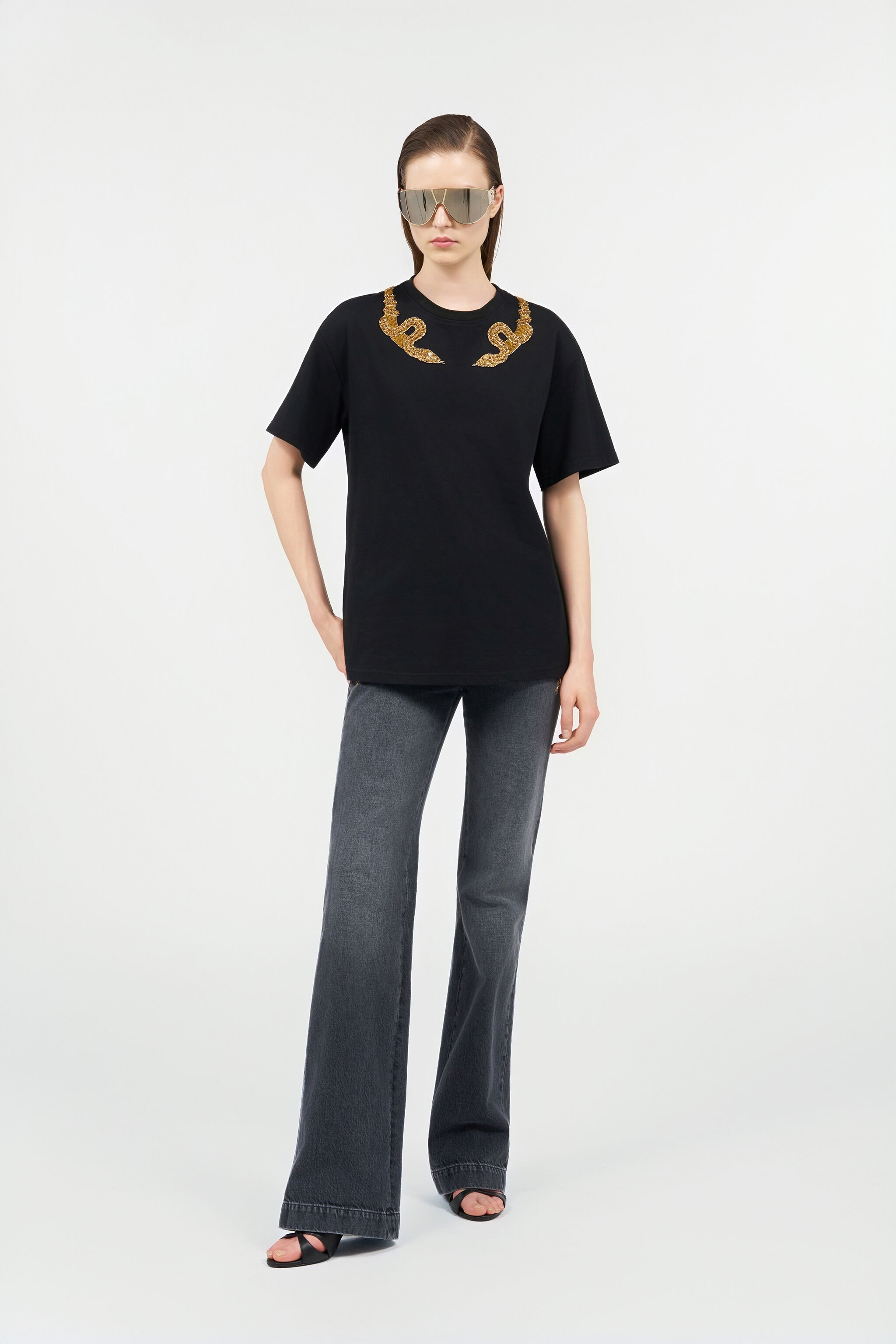 Black T-Shirt with Snake Embroidery in BLACK for Women | Roberto