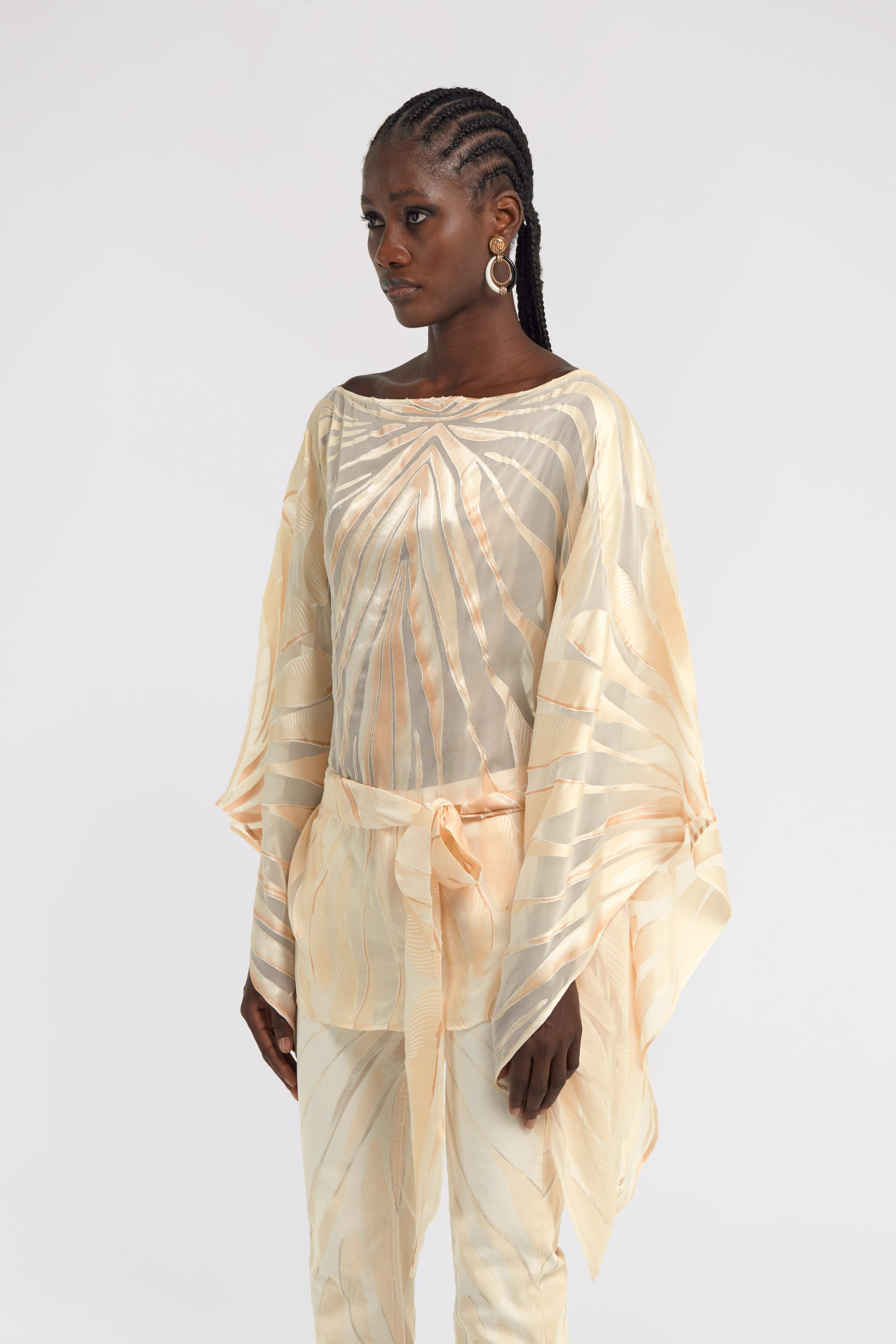RC Ray Of Gold Print Satin Caftan Ivory TKT725-HLI15