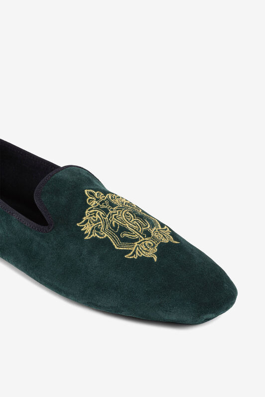 RC Mirror Snake Crest-Embroidered Velvet Slippers RC Mirror Snake Crest-Embroidered Velvet Slippers DARK GREEN PRS001-PZA95