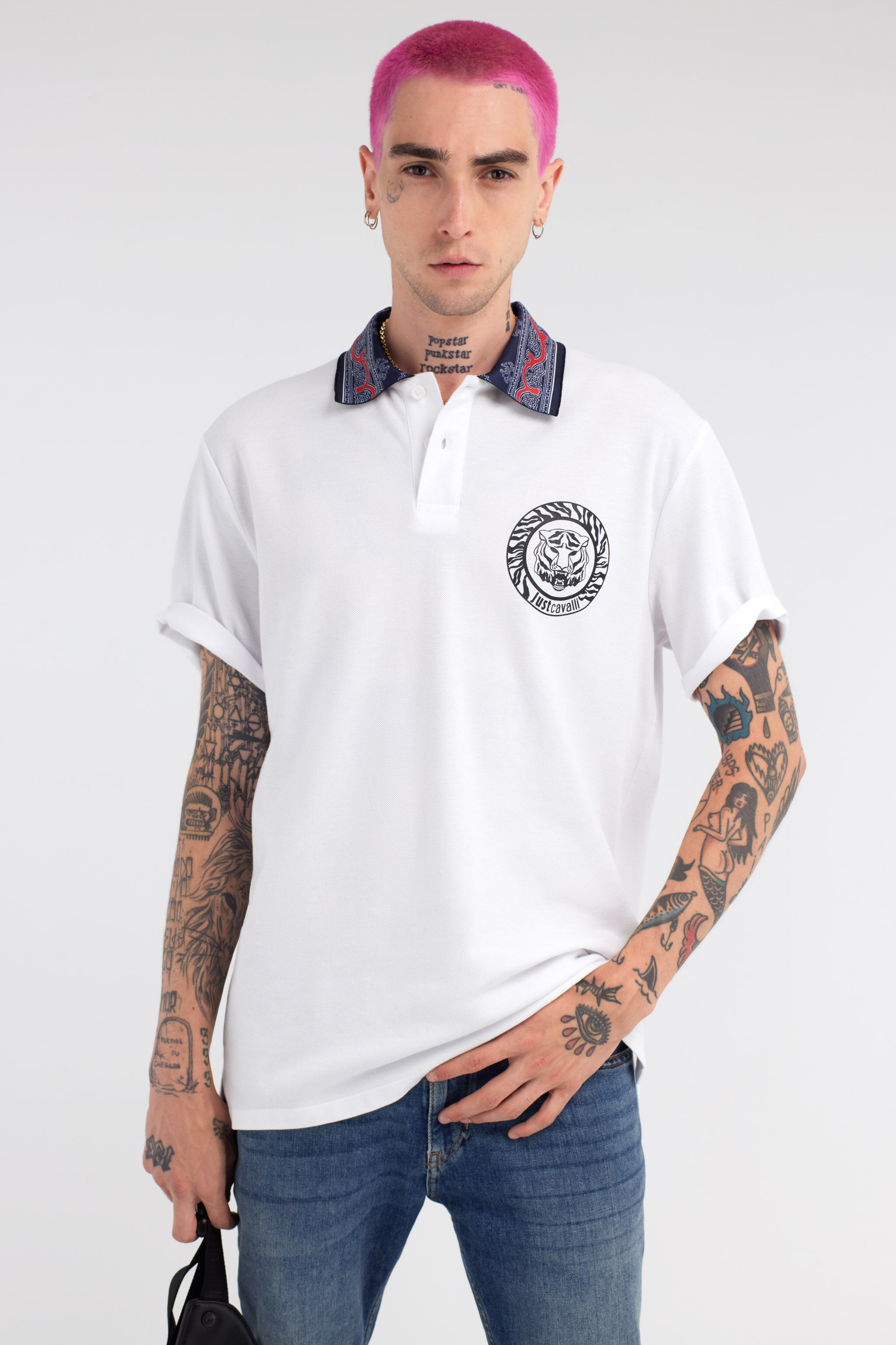 JC Just Cavalli Tiger Logo Polo Shirt White RRT899-RR161