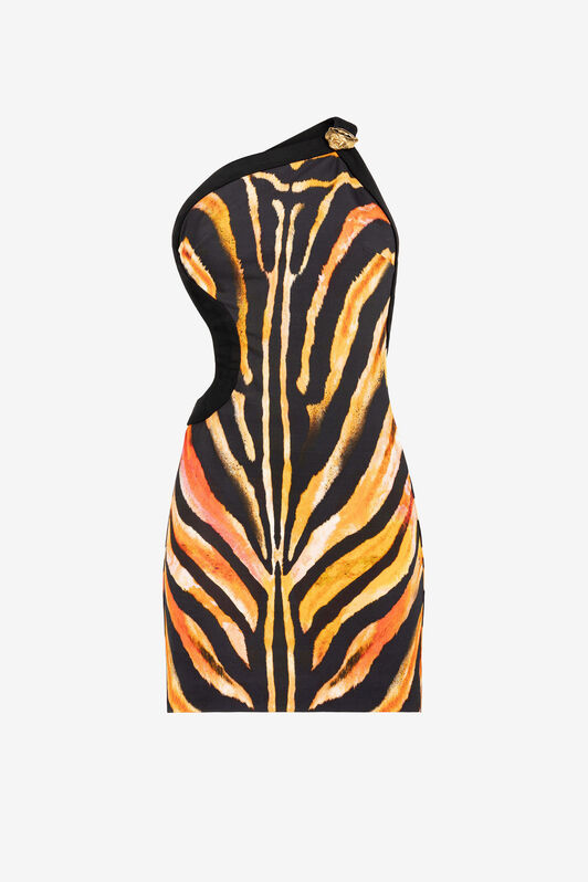 RC Zebra-Print One-Shoulder Mini Dress Orange/Black OQT125-JCD03