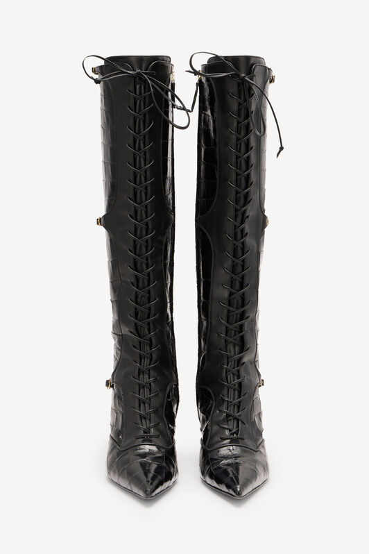 RC Pointed Lace-Up Boots in Crocodile-Effect Schwarz VKS017-PZ579