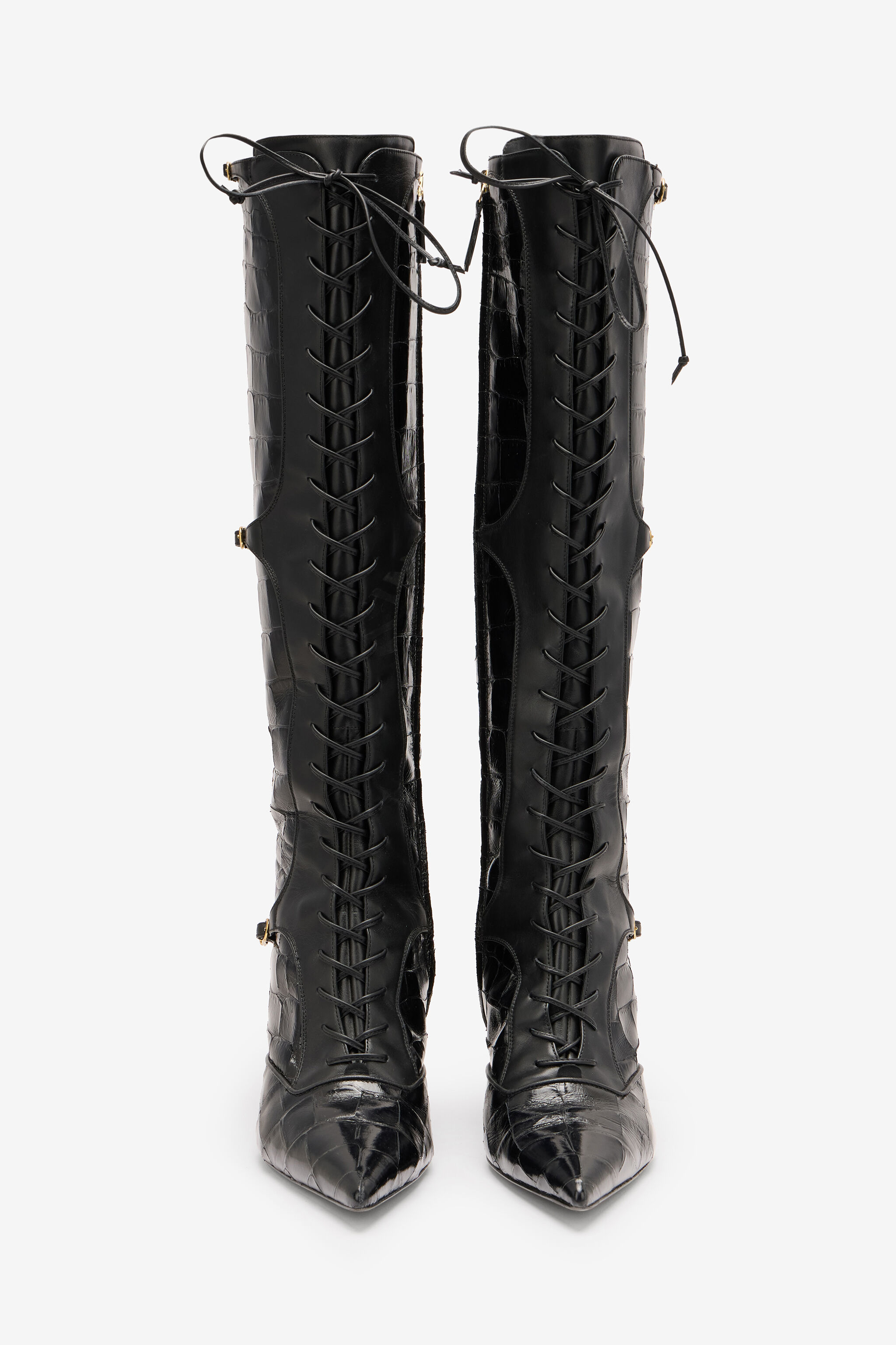 RC Pointed Lace-Up Boots in Crocodile-Effect Schwarz VKS017-PZ579