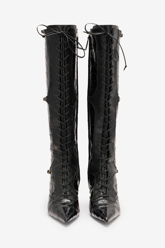 RC Pointed Lace-Up Boots in Crocodile-Effect RC Pointed Lace-Up Boots in Crocodile-Effect Schwarz VKS017-PZ579