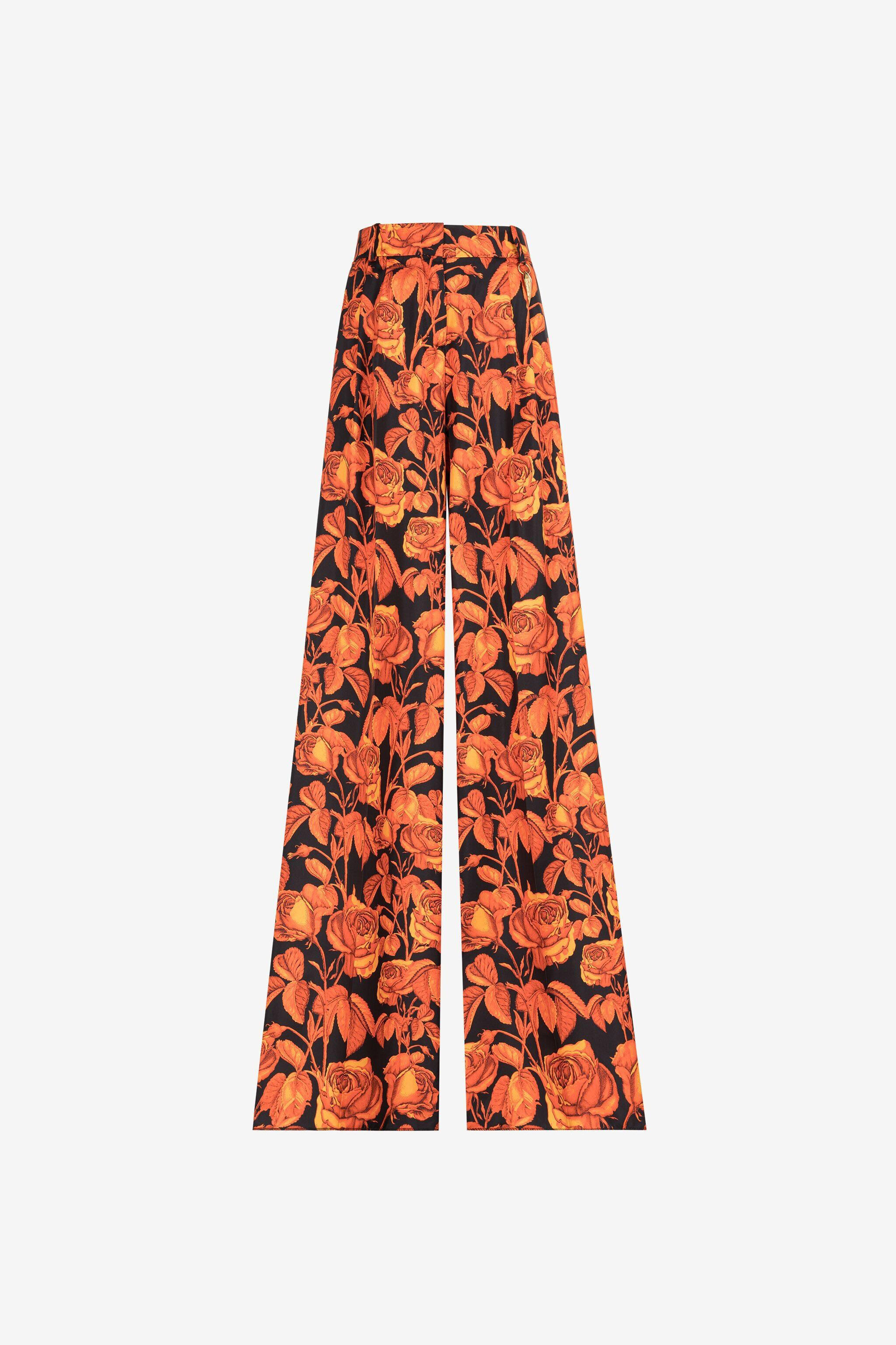 RC Pantaloni palazzo in seta con stampa Rose Arancione PQT206-4QF03