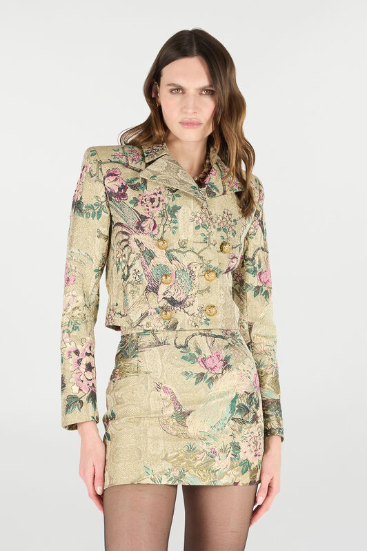 RC Cropped Jacket with Floral and Pheasant Motif RC Cropped Jacket with Floral and Pheasant Motif Ivory/Pink VKT403-DJ084