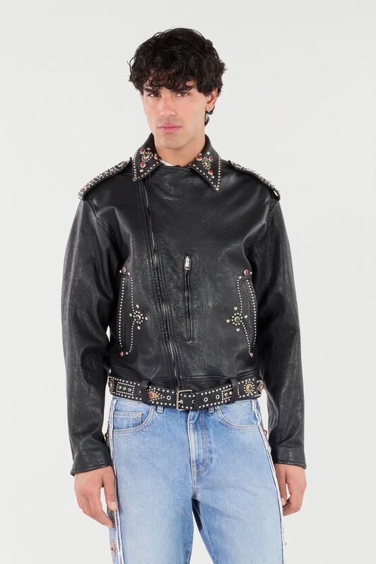 RC Leather Biker Jacket with Studs and Stones Black VRP874-PM040