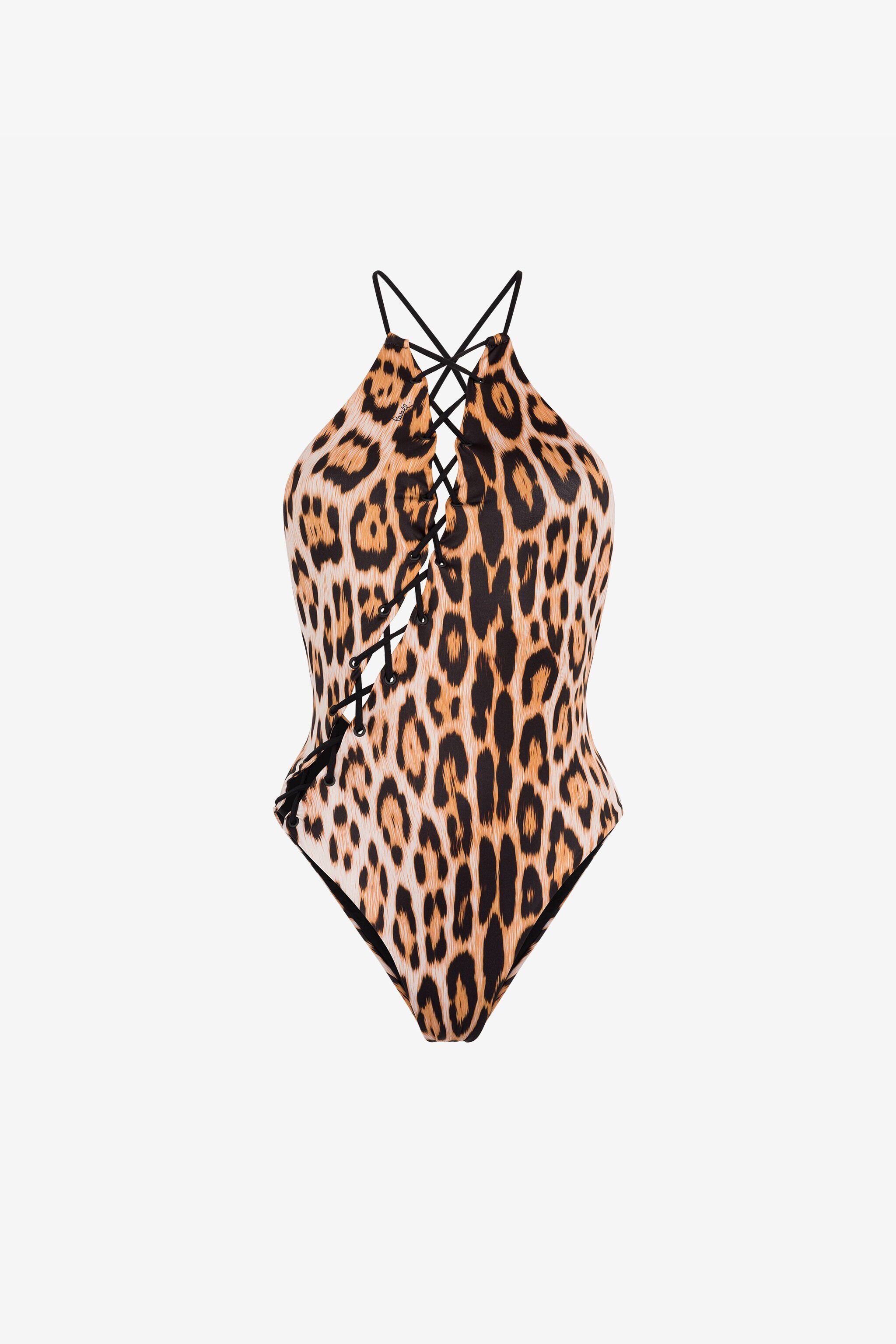 RC Cheetah-print lace-up swimsuit Light Brown QKW00F-LNF53