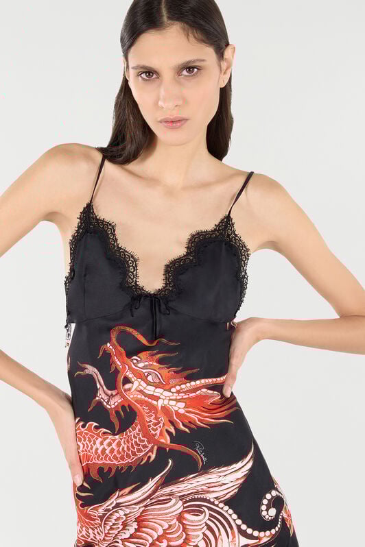RC Silk Mini Dress with Dragon and Ruffles RC Silk Mini Dress with Dragon and Ruffles Black/Red VQT118-OZP75