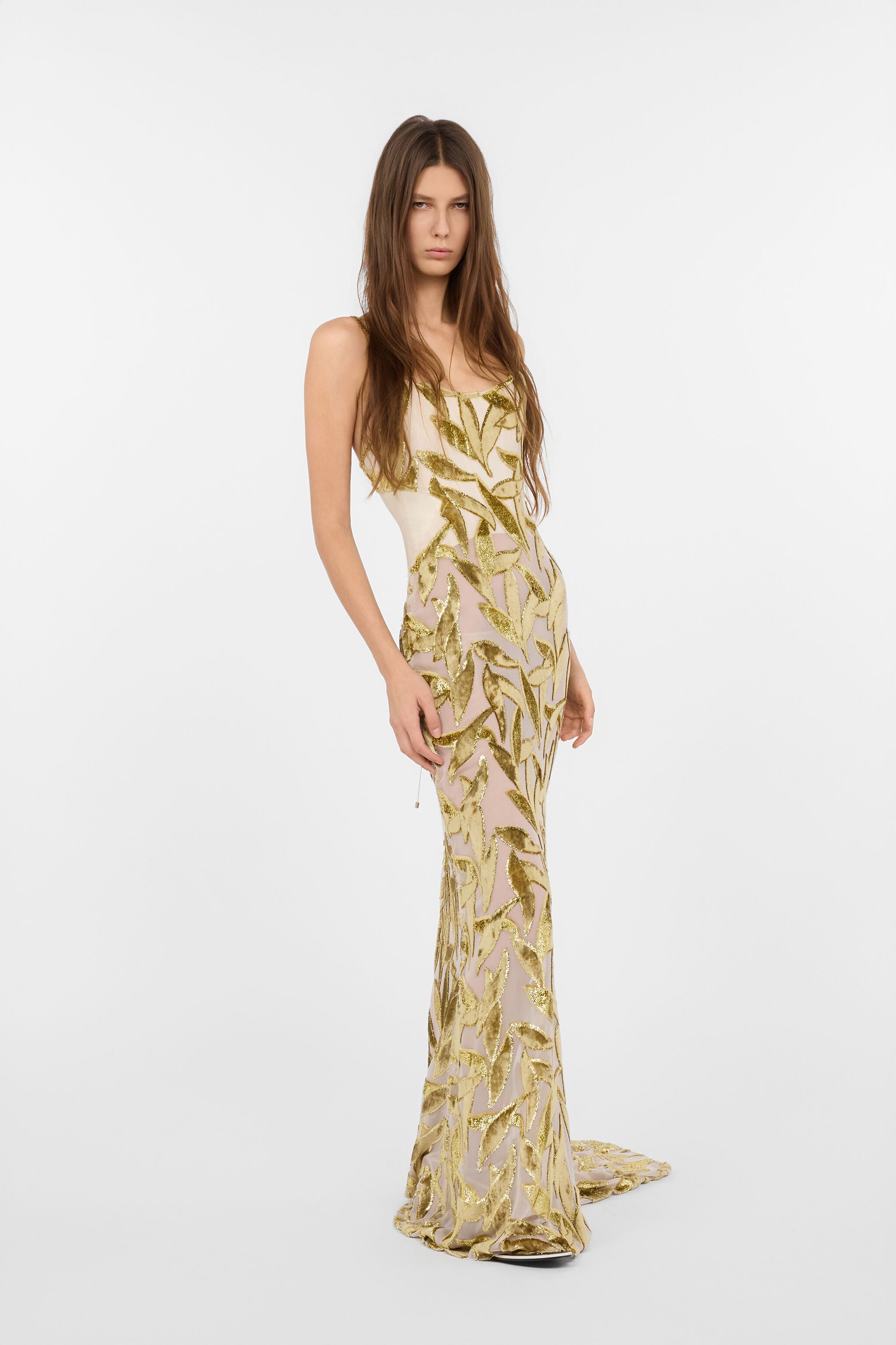 RC Abito Extralungo See-Through Avorio Con Motivo Foliage IVORY WWT130-FC007