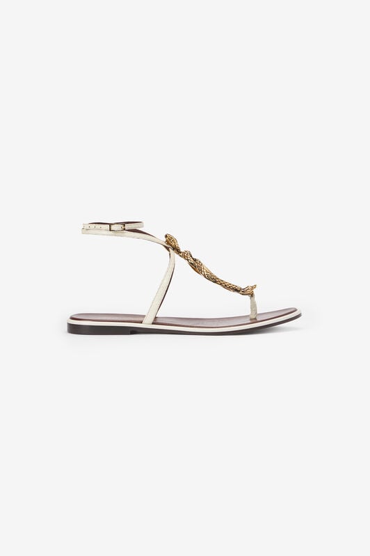 RC Sandalias planas de dedo marrones y blancas con serpientes WHITE WWS003-PAM08