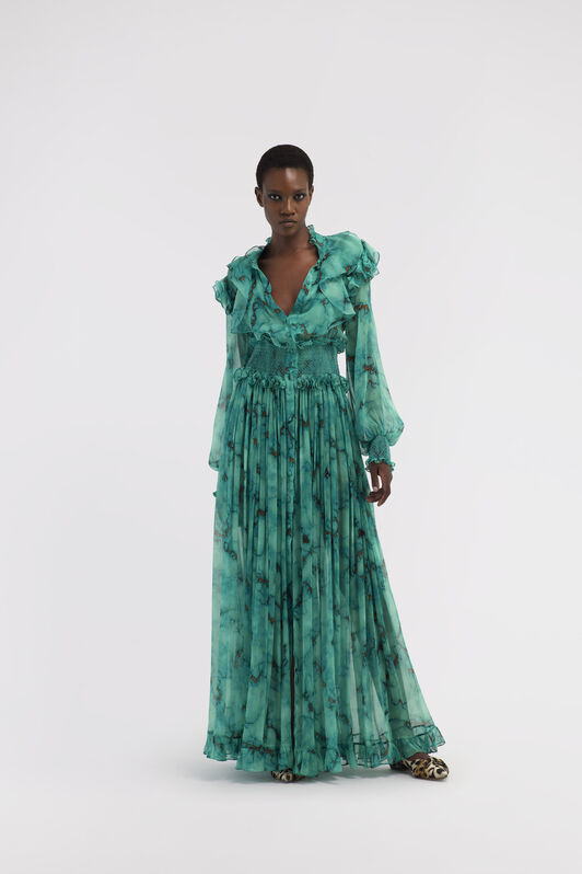 RC Long silk dress with Marble print Light blue RKT108-CZH62