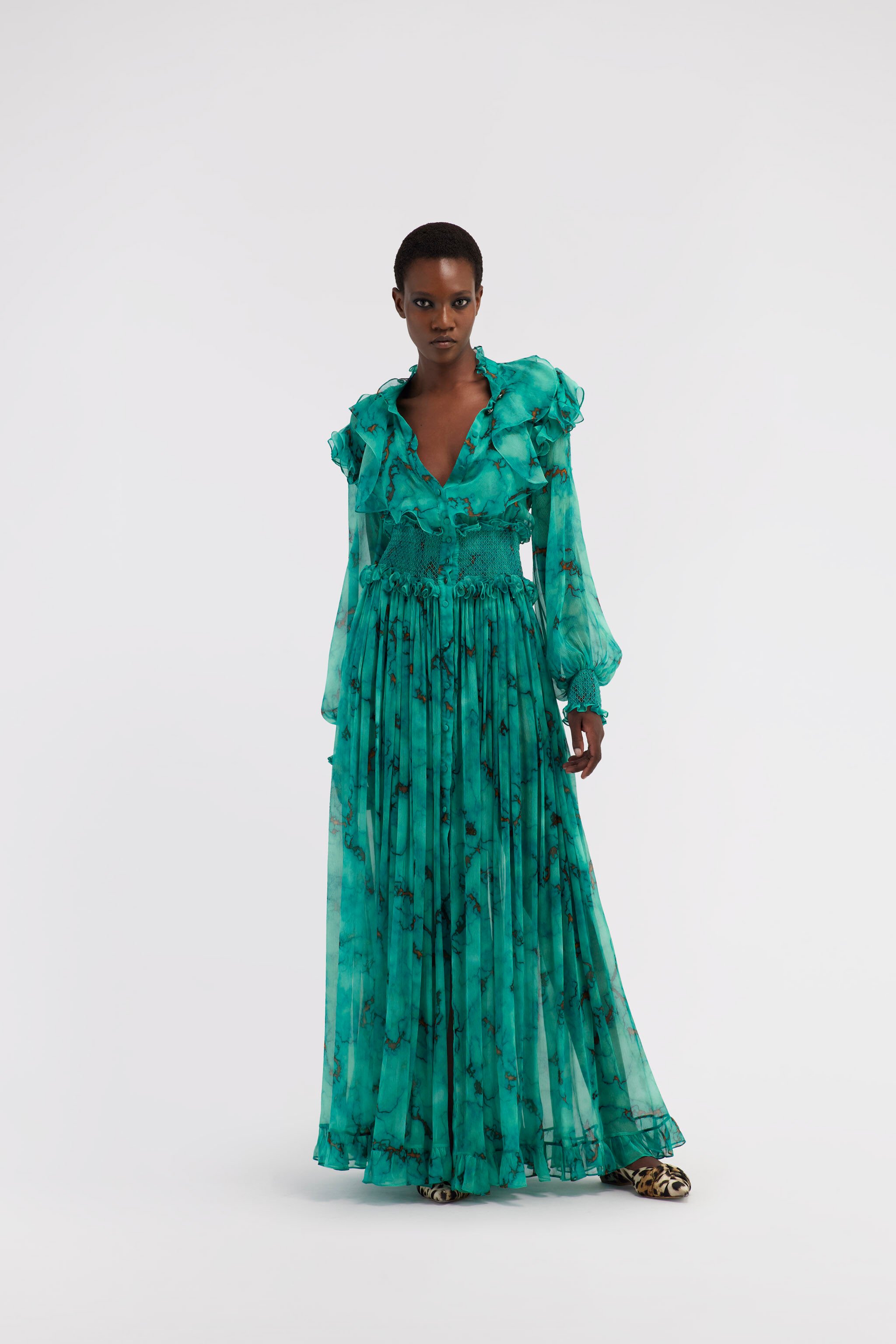 RC Long silk dress with Marble print Light blue RKT108-CZH62