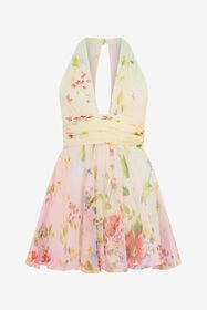 ${brand} Chiffon Mini Dress with Miami Flowers Print ${colorDescription} ${masterID}