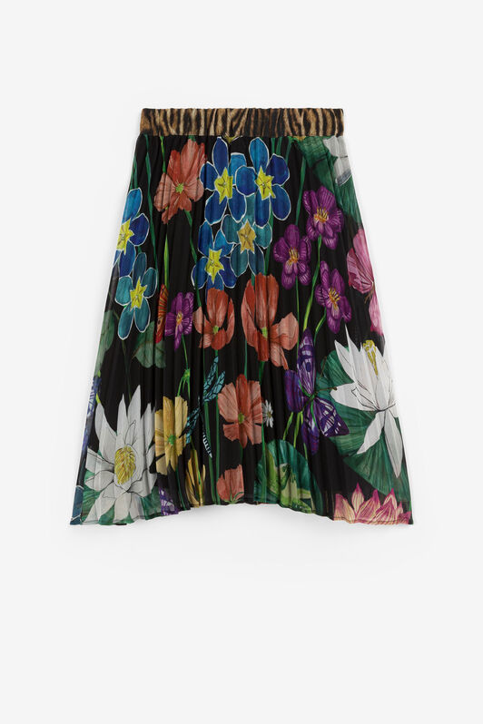 JU Flower-Print Pleated Skirt Black PJT312-4GF21