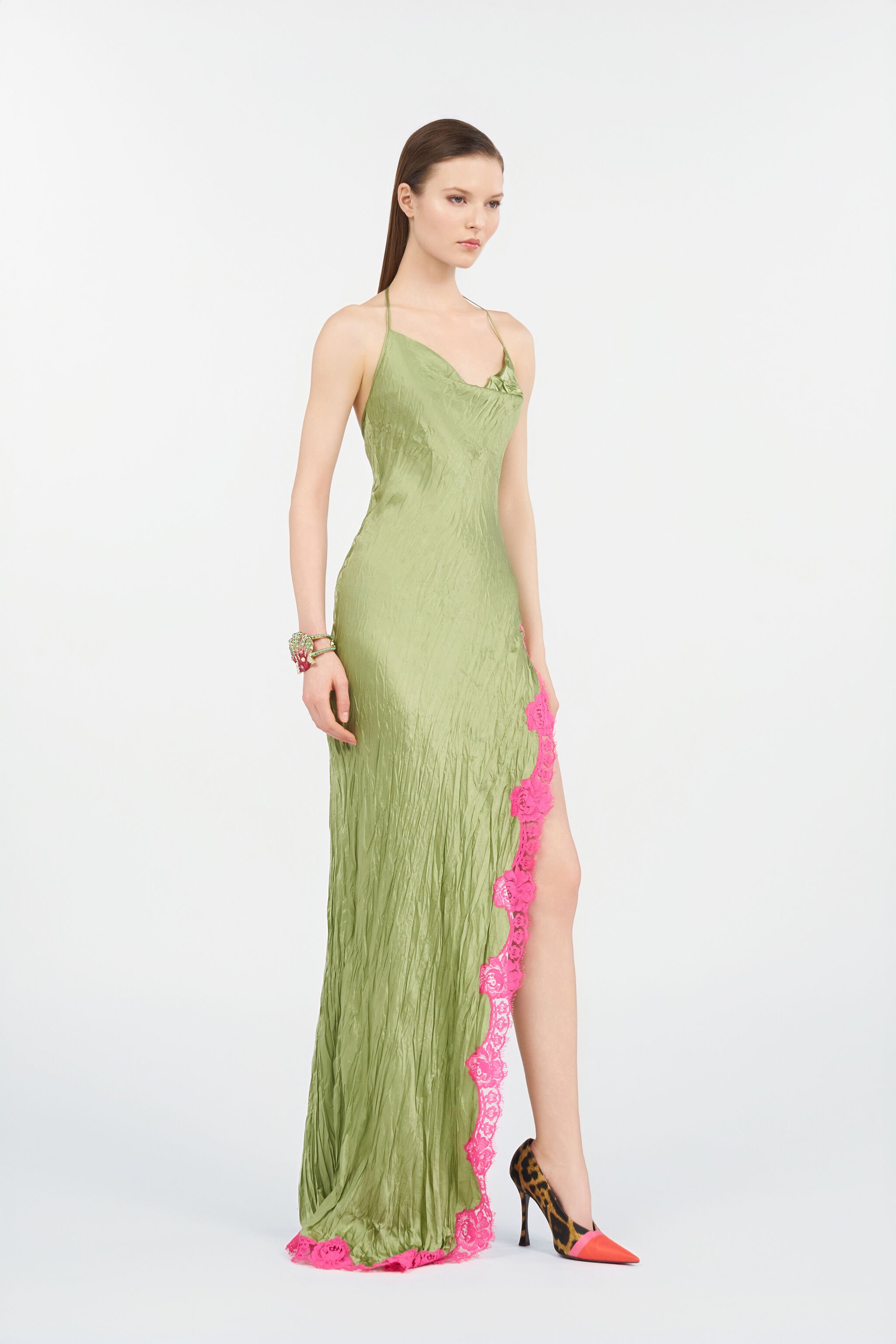 RC Long Silk Dress with Lace Detail LIGHT GREEN WQT150-SE041