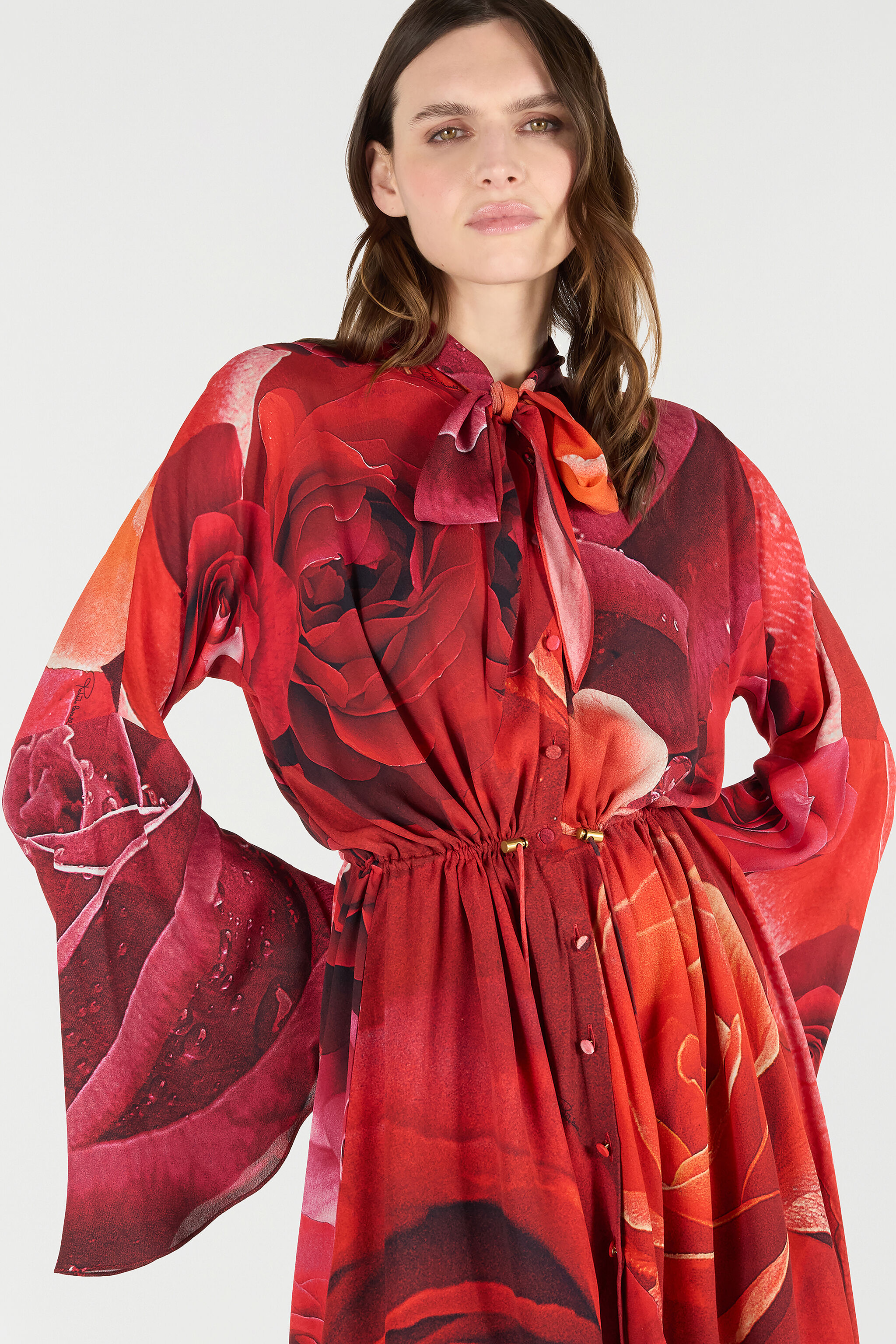RC Rose-Print Mini Dress With Pussy-Bow ROSSO UKT140-KWN48
