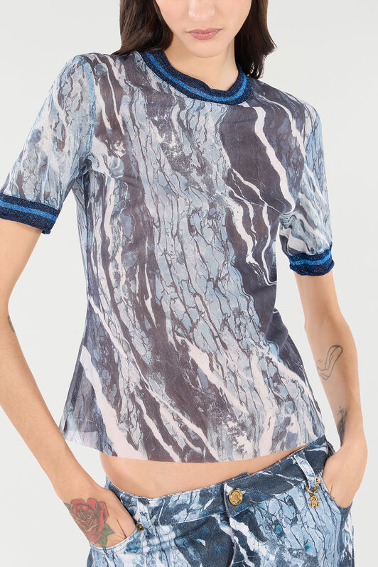 RC Marble-Print T-Shirt With Glittery Trims Dark blue UKT65E-6HN22