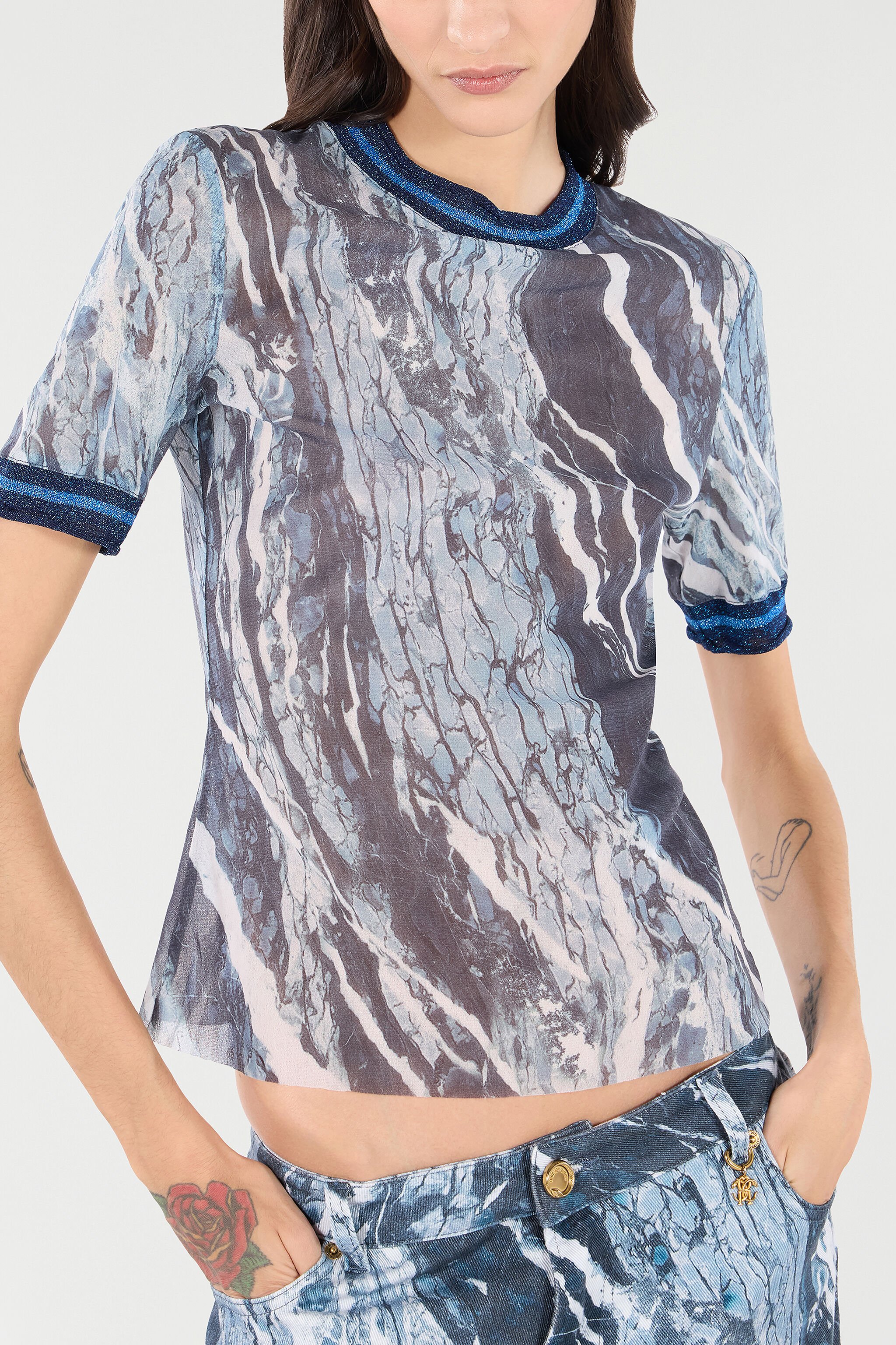 RC Marble-Print T-Shirt With Glittery Trims Dark blue UKT65E-6HN22