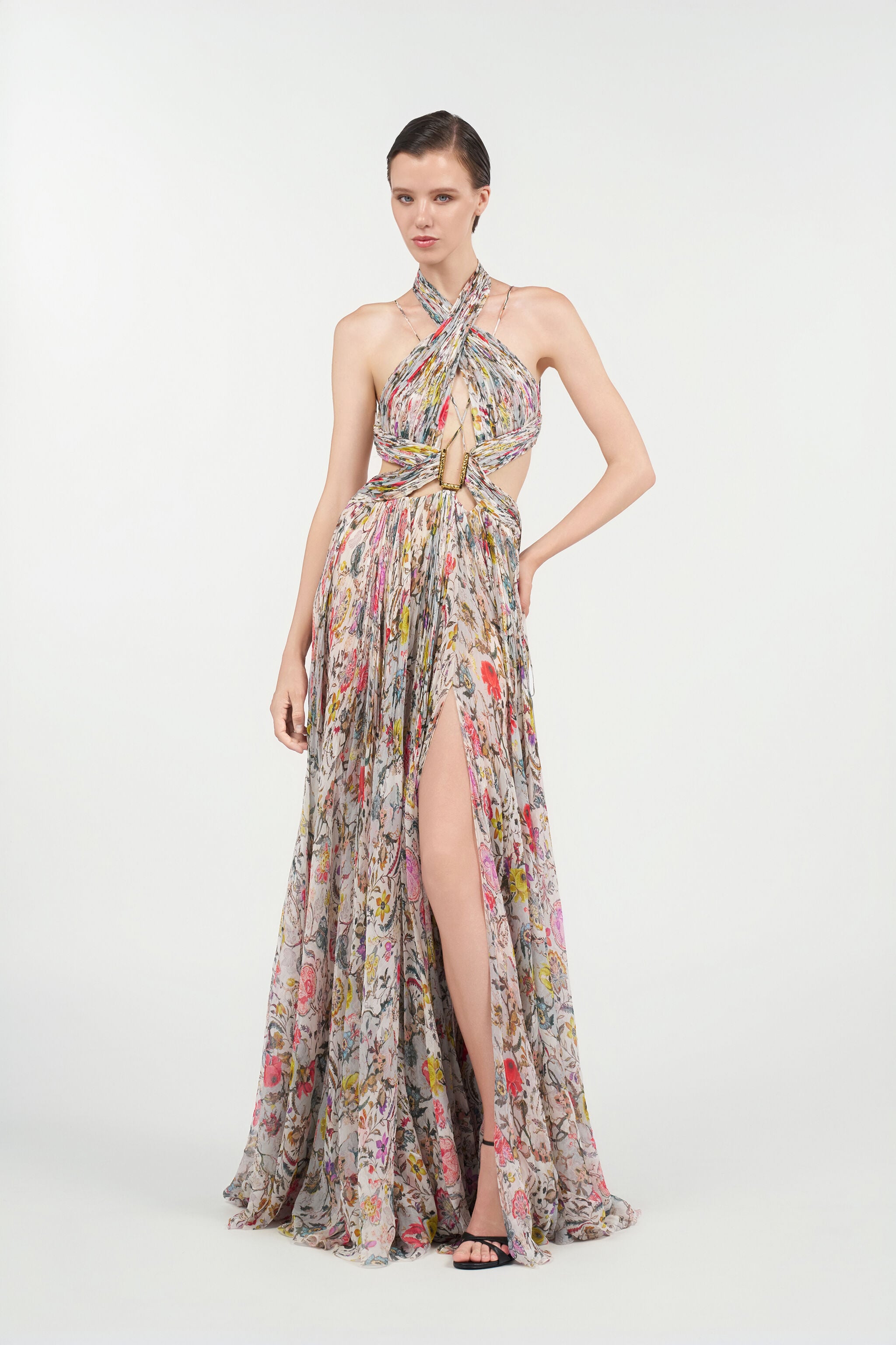 Long Chiffon Dress with Florentine Flowers Print in BEIGE for
