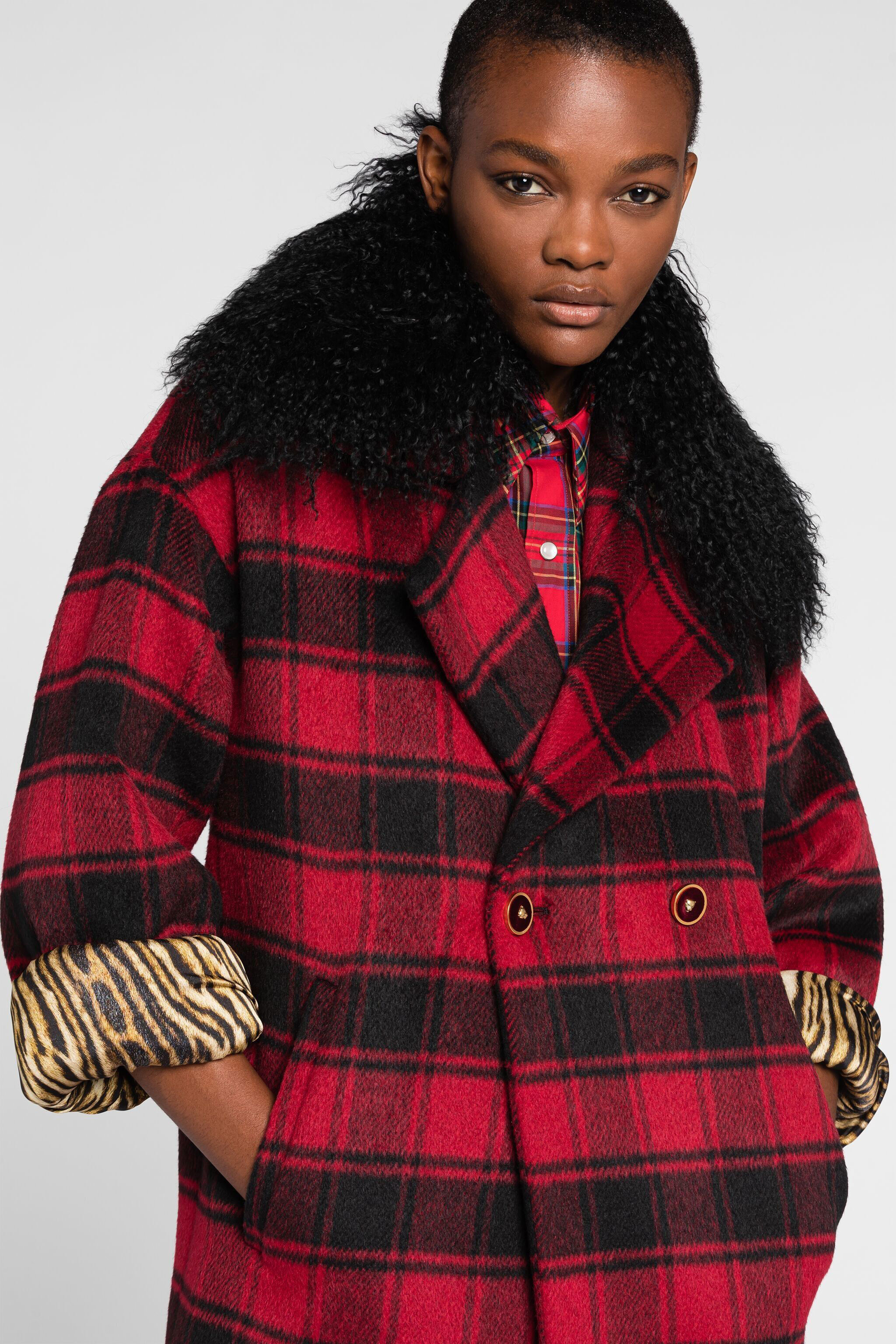 RC Shearling-Trimmed Tartan Coat Red PKT502-FE017