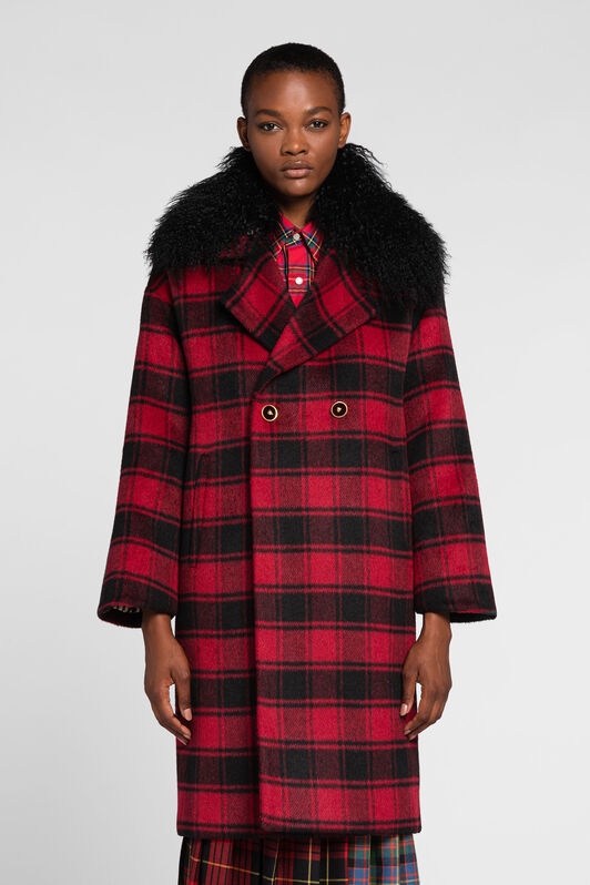 RC Shearling-Trimmed Tartan Coat Red PKT502-FE017