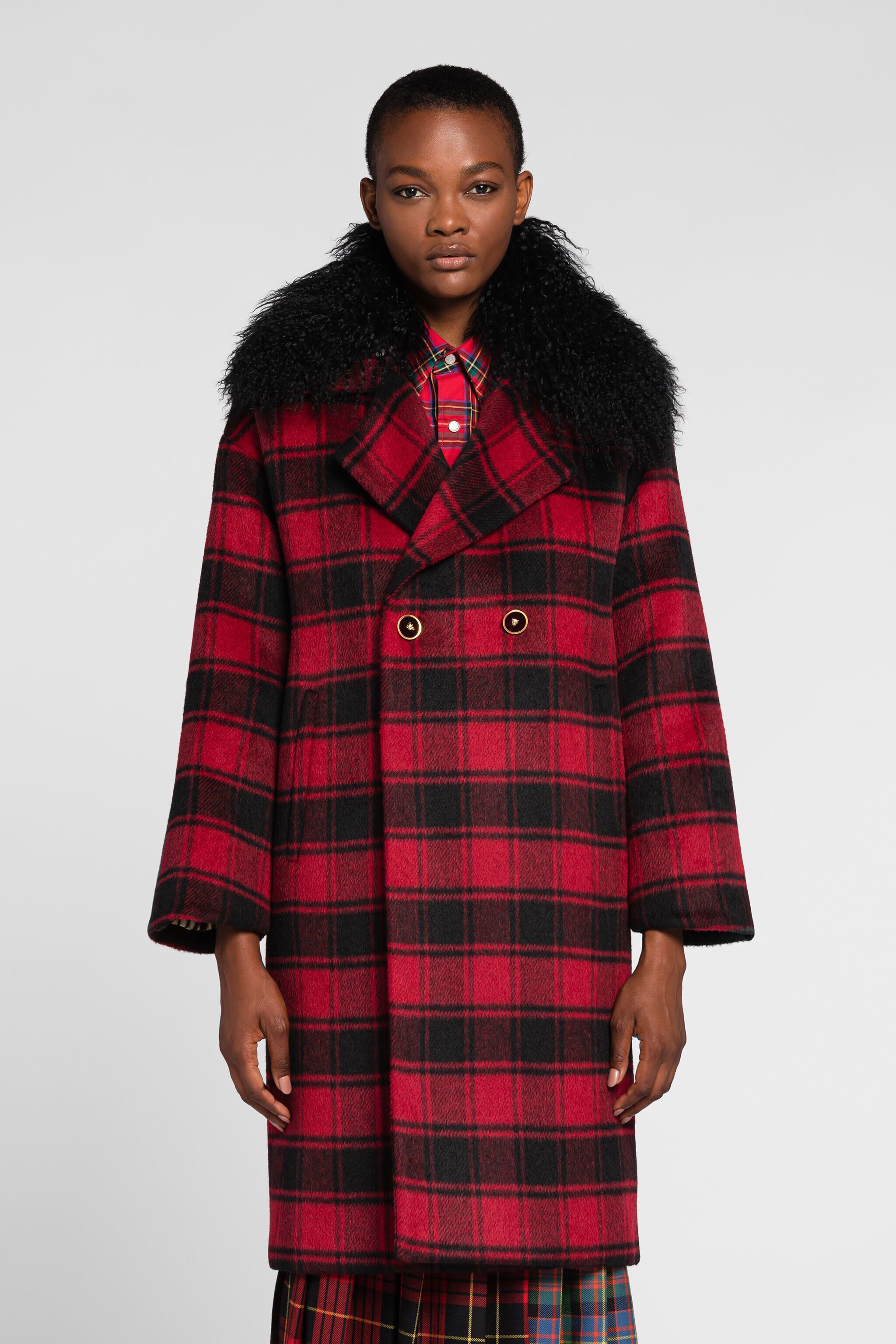 RC Shearling-Trimmed Tartan Coat Red PKT502-FE017