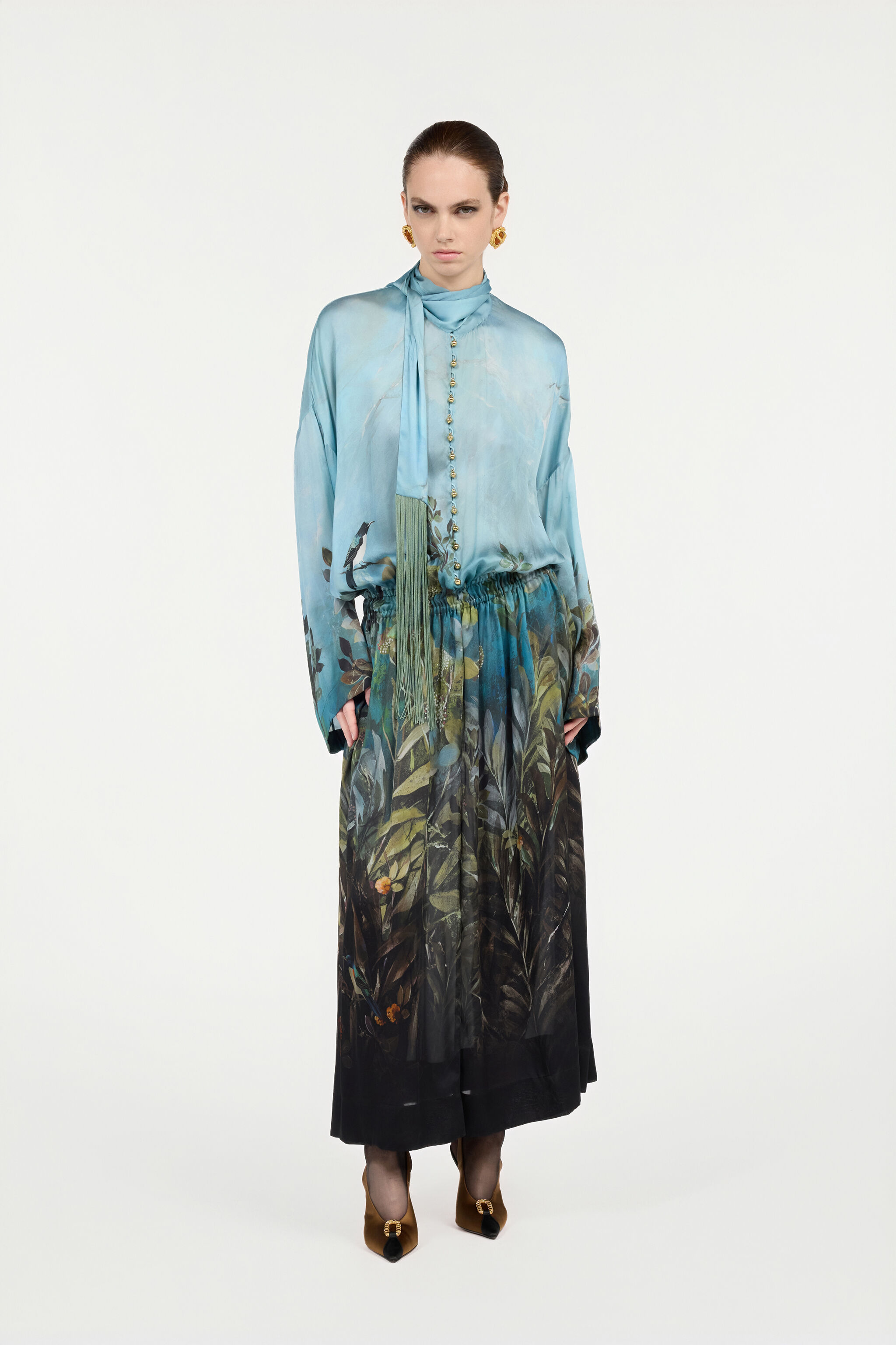 RC Kleid Aus Seide Mit Print Aus Der Natur Grün/Blau VWT139-HZQ70