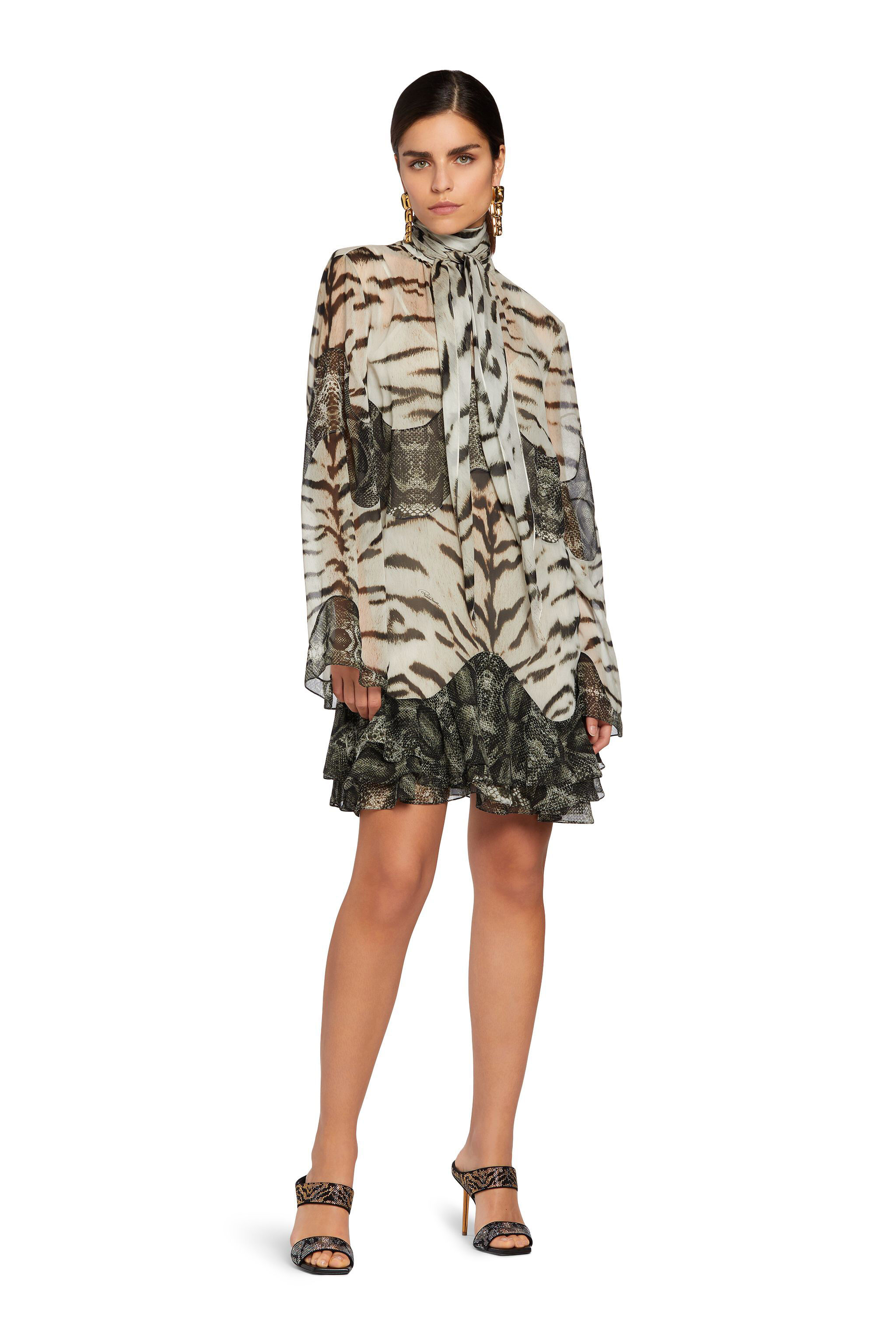 RC Mini-robe en soie à imprimé La Tigresse et Reptilia Noir/Blanc MQT135-GFA48