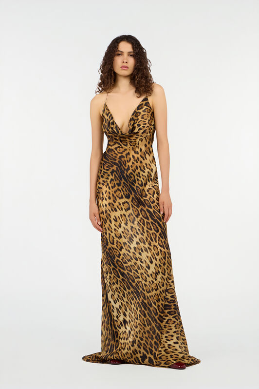 RC Long Silk Dress With Jaguar Skin Print RC Long Silk Dress With Jaguar Skin Print Brown VWT103-HZQ71
