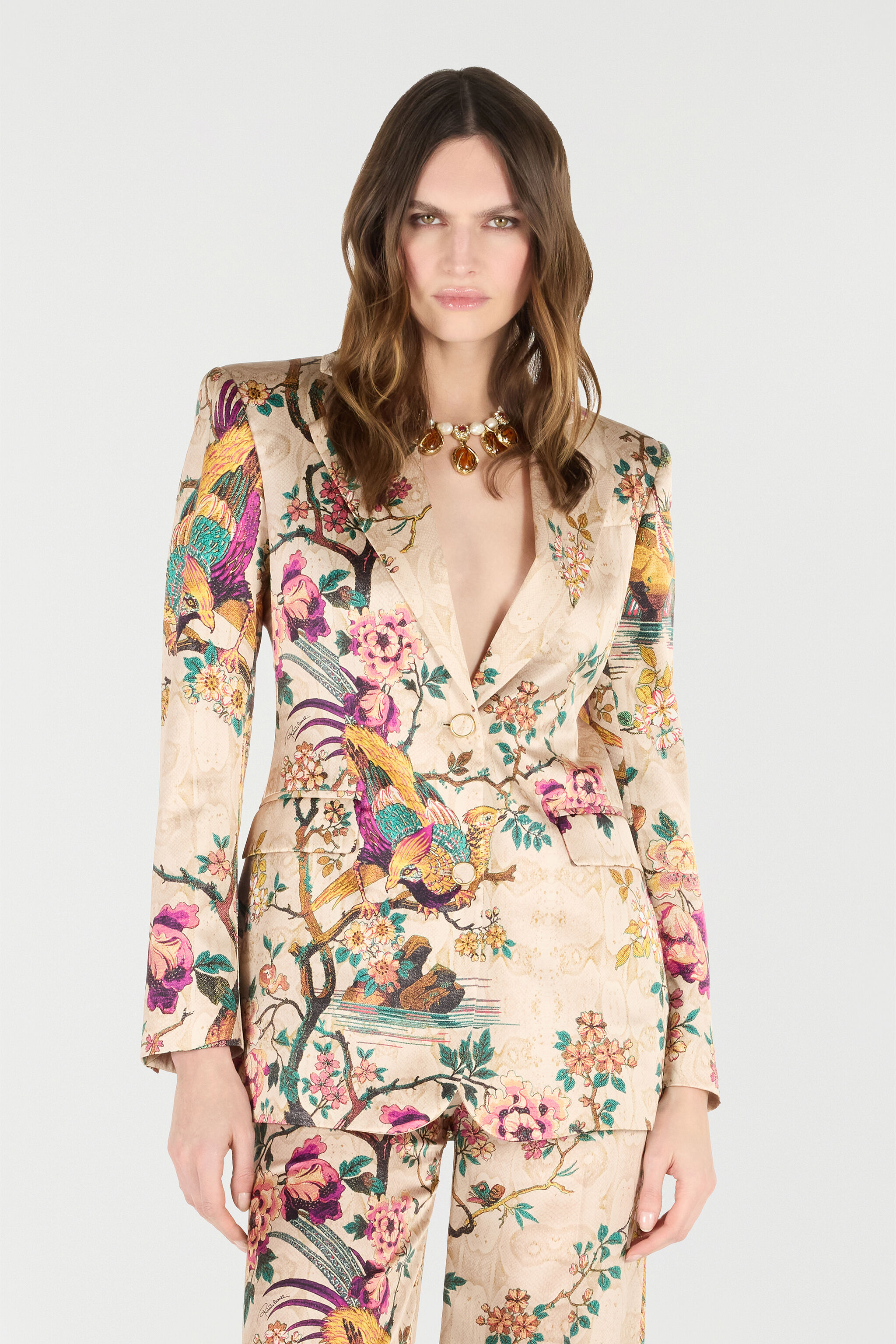 RC Silk Jacket with Floral and Pheasant Print Ivory/Pink VKT405-TYP76