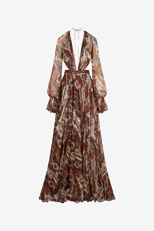 RC Night Butterfly Print Maxi Dress BROWN XQT125-CKT27