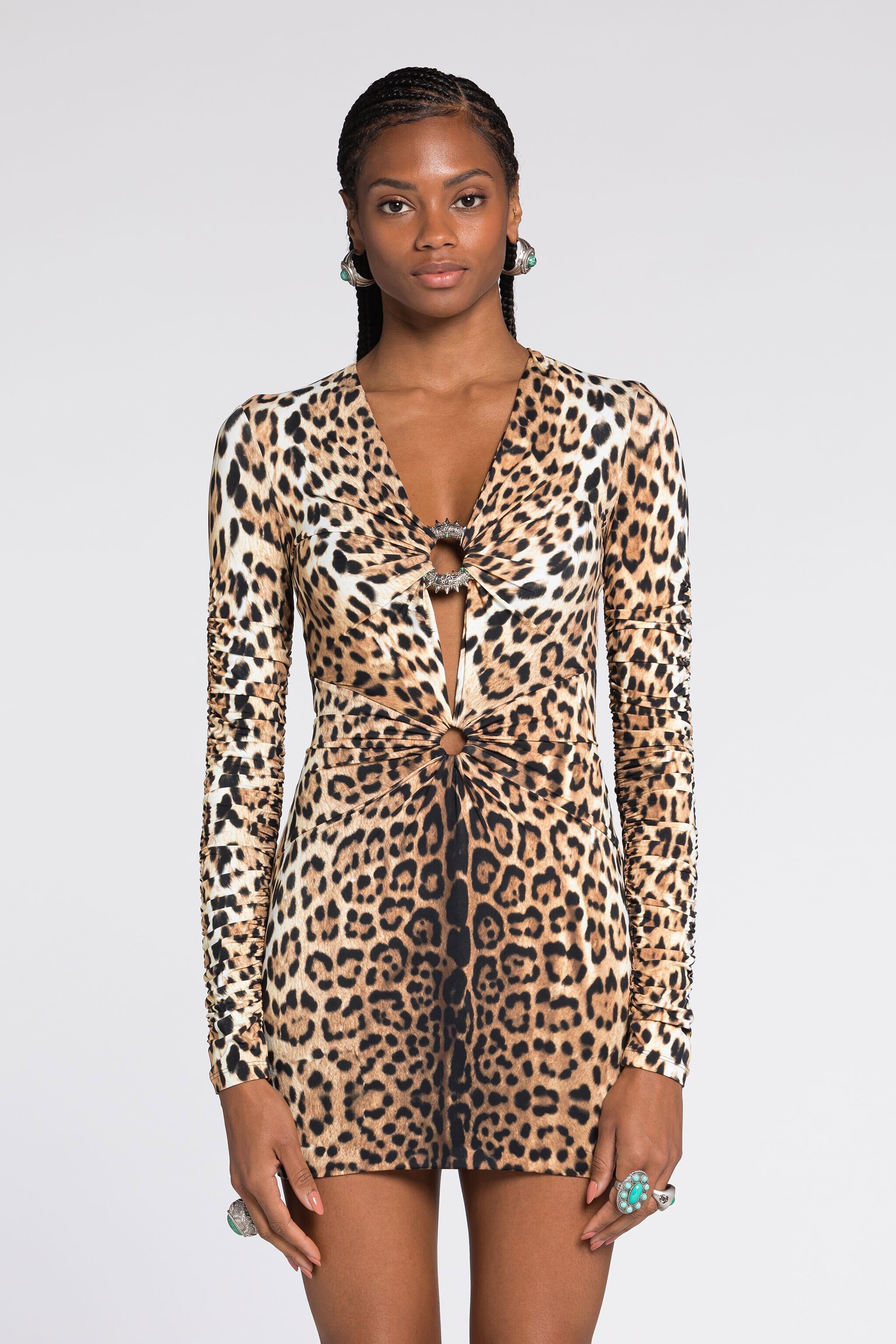 RC Leopard-Print Cut-Out Mini Dress Light Brown RKT126-LNH26