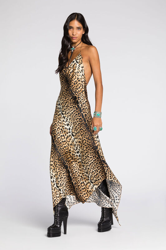 RC Jaguar-Print Halterneck Silk Dress Light Brown RKT133-4QH26