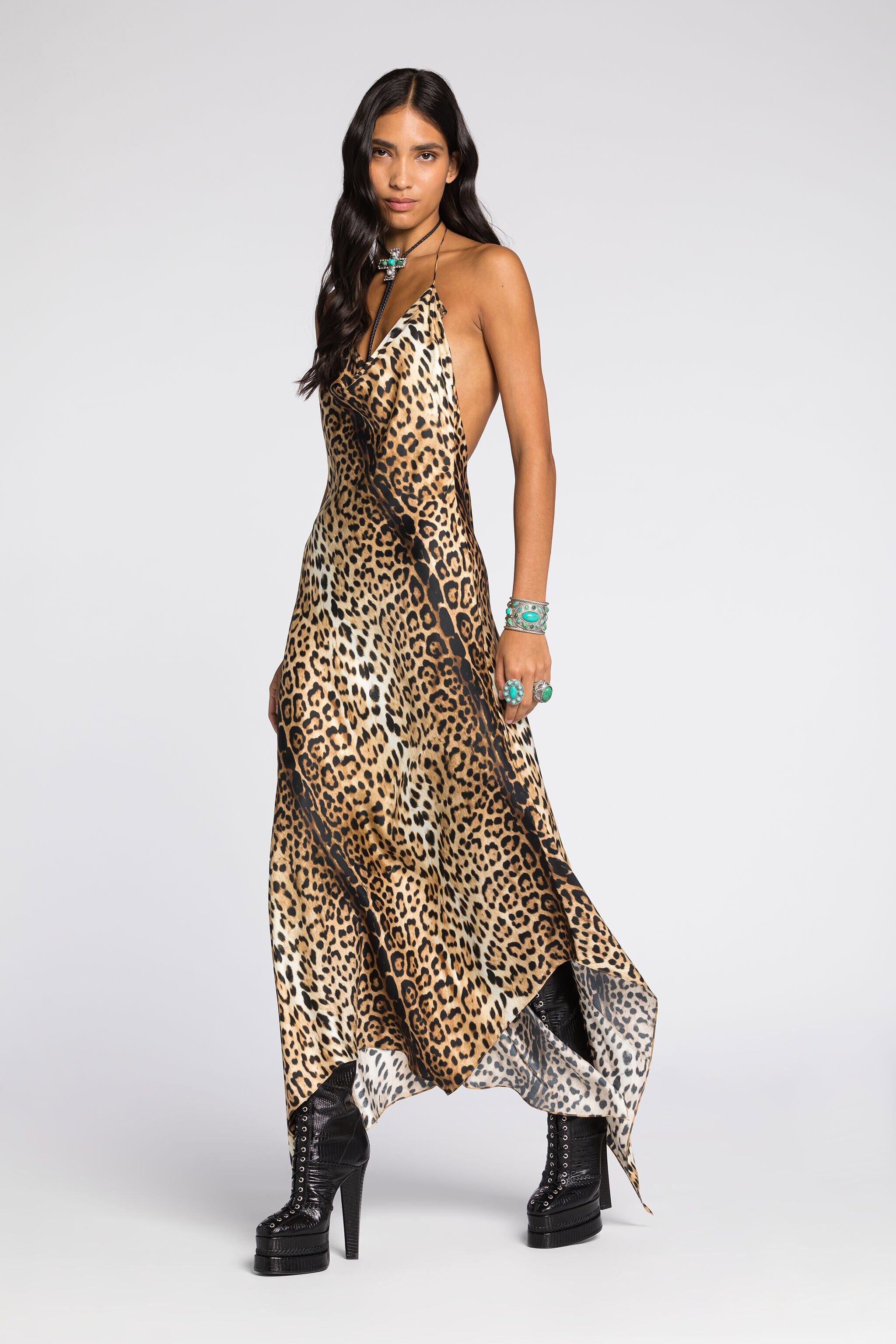 RC Jaguar-Print Halterneck Silk Dress Light Brown RKT133-4QH26