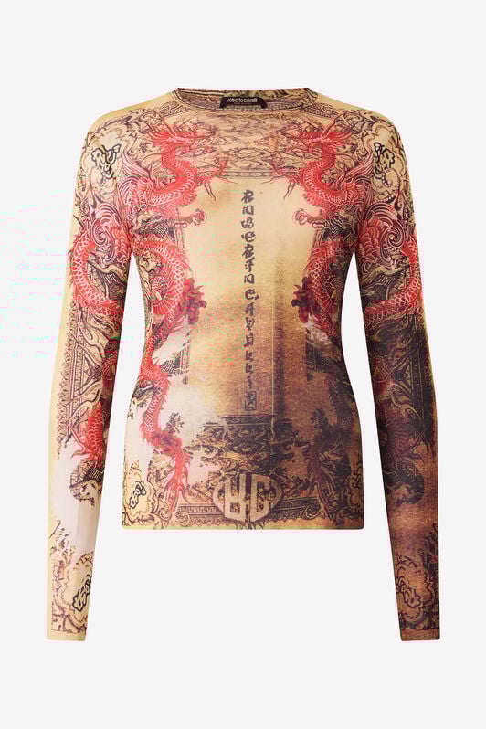 RC Long-Sleeve T-Shirt with Oriental Print NATURALE/ROSSO VQT60G-TLQ22
