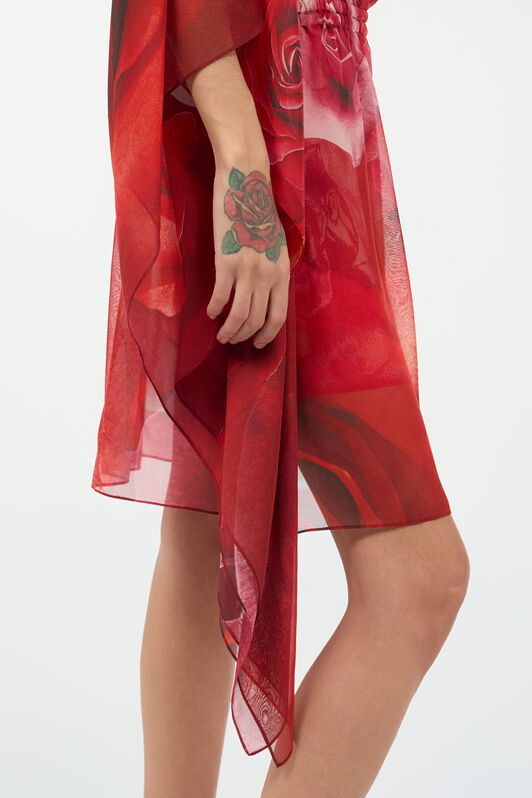 RC Silk Caftan With Garden Rose Print Red UKW012-HNN48