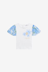 JU Weißes Baumwoll-T-Shirt mit floralen Ärmeln WHITE/BLUE WJT602-JD001